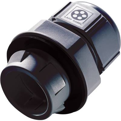 A grey plastic cable gland with four round openings at the top, suitable for secure cable fastening and connection.