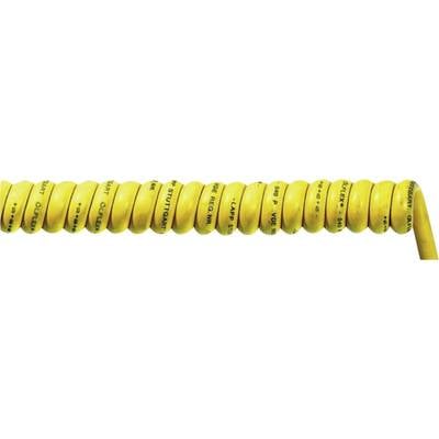 A yellow spiral cable reel with black markings, arranged in several tight coils, on a white background.