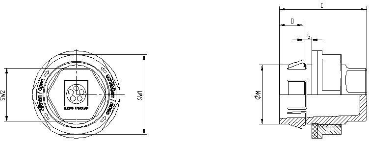 Technical drawing of a threaded component with cross-section and dimensions. Contains annotations regarding the size and function of the depicted hardware part.