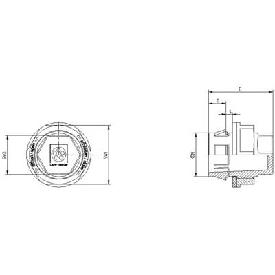 Technical drawing of a valve with detailed dimensions and labels in side and top view.
