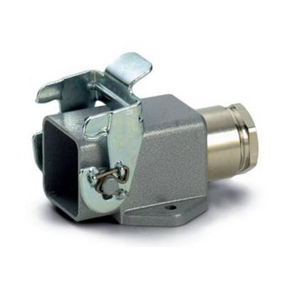 Grey, metallic electrical cable entry/housing. Rectangular shape with side locking mechanism and circular connection opening.