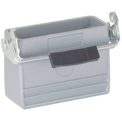 Grey metal box with a black hinged lid and metal brackets on the sides.