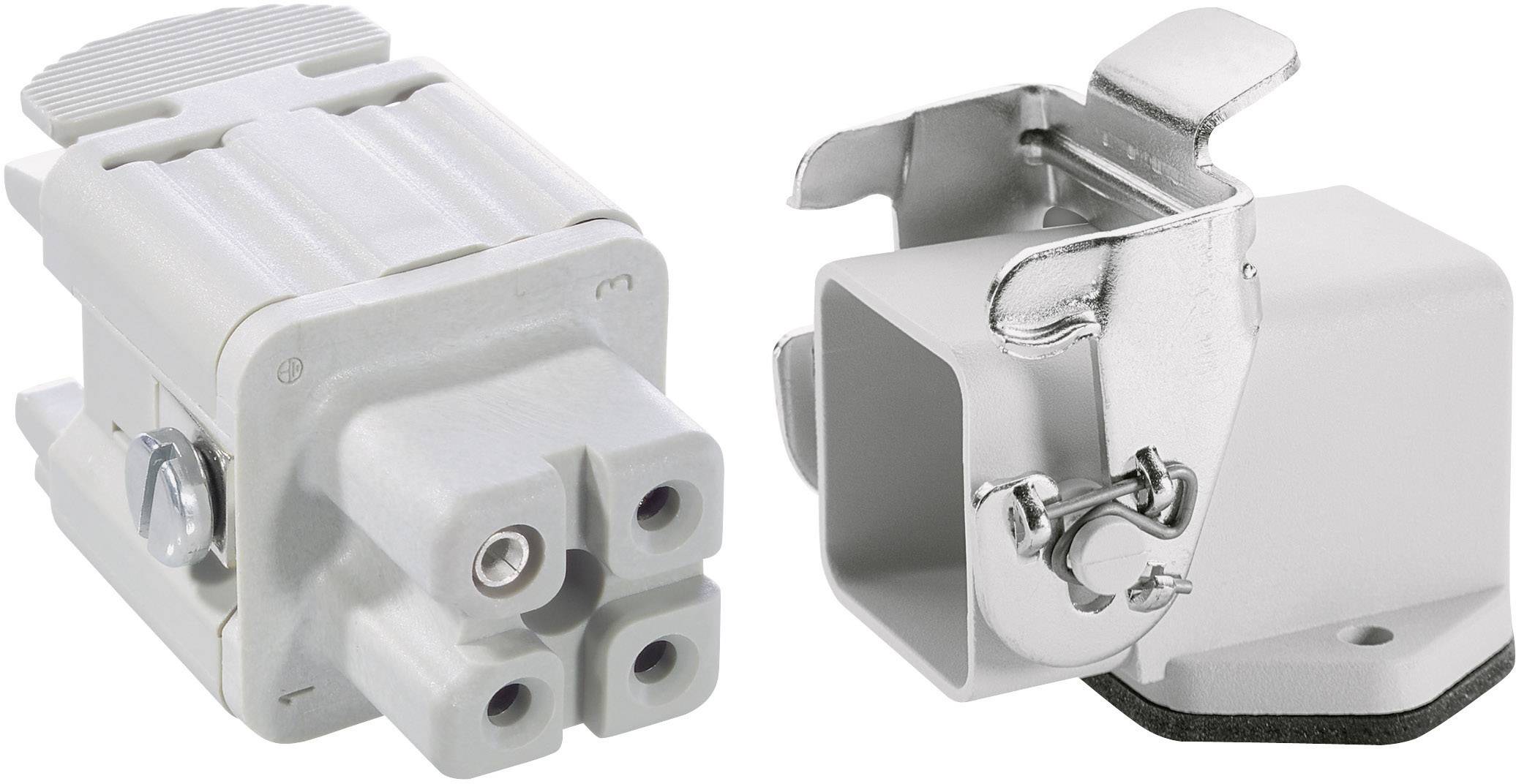 Two connectors, on the left a grey three-pin plug and on the right a metal socket. They are used to connect electrical devices.