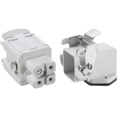 Two connectors, on the left a grey three-pin plug and on the right a metal socket. They are used to connect electrical devices.