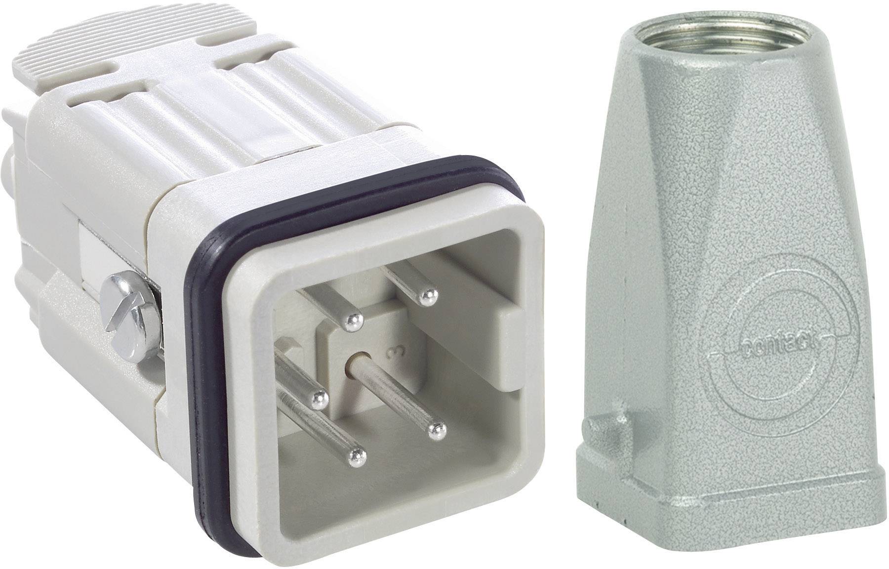 Industrial plug with a rectangular housing and metal cap, suitable for industrial applications, showing four metal pins.