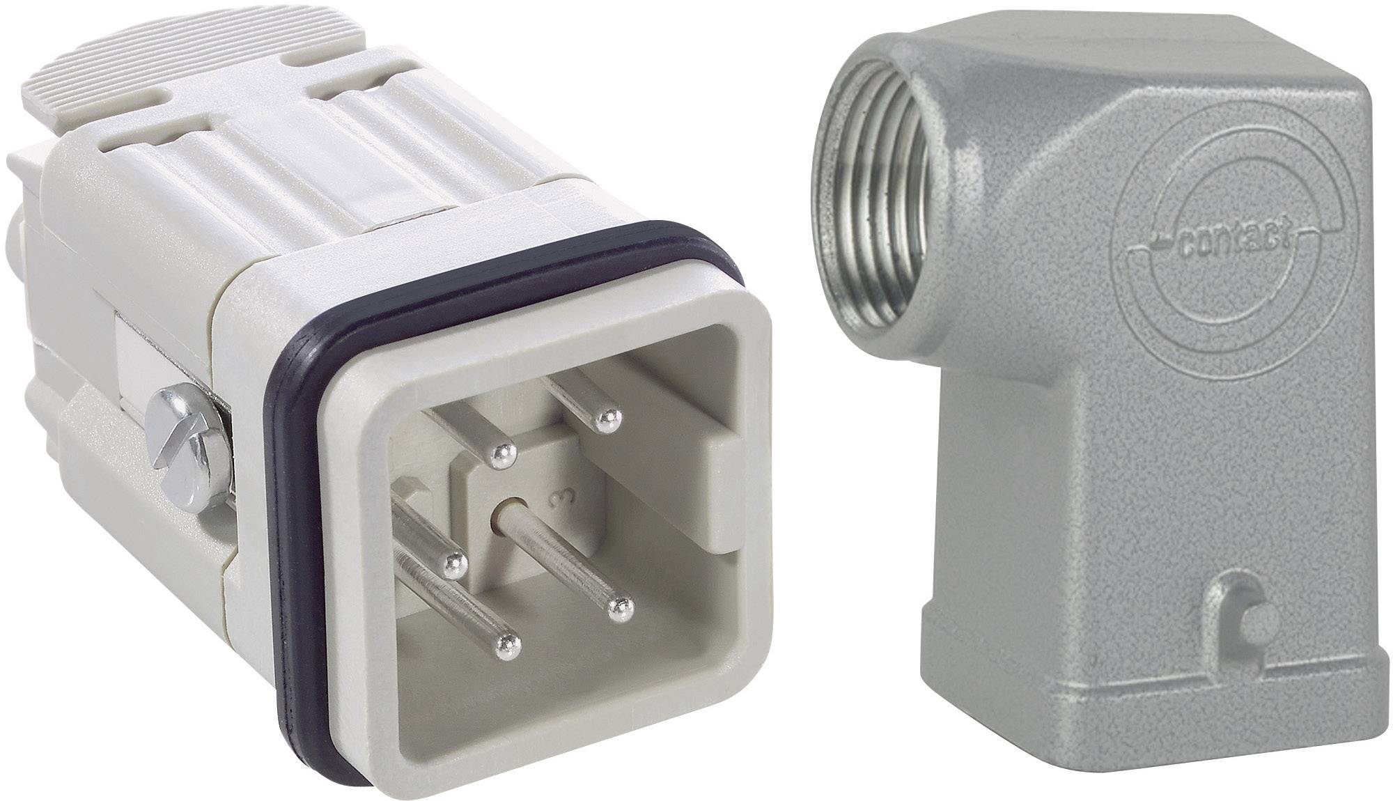 A rectangular electrical plug with metal pins beside a right-angled metal housing for connection in an electrical system.