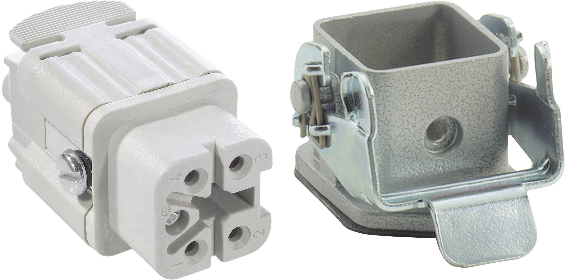 A four-pole electrical connector next to a square metal mounting bracket. Both are used for secure electrical connection.