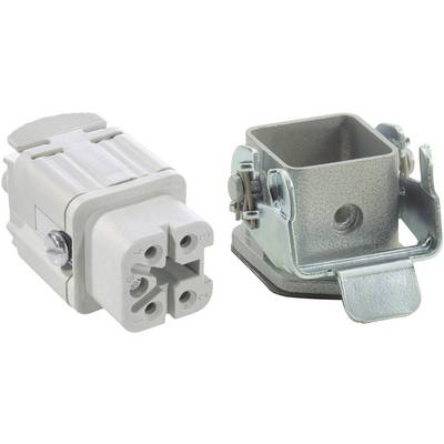 A four-pole electrical connector next to a square metal mounting bracket. Both are used for secure electrical connection.