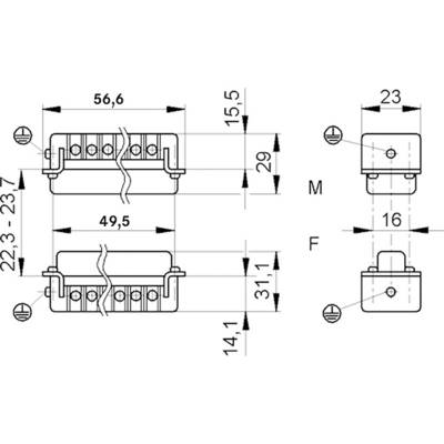 Technical drawing of an electrical connector with detailed dimensions: 56.6 mm width, 22.3-23.7 mm height, 31.1 mm depth.