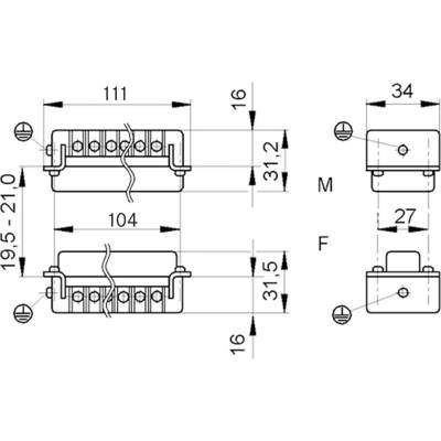 Diagram of technical dimensions for a rectangular connector. Shows length and width measurements, along with height variations.