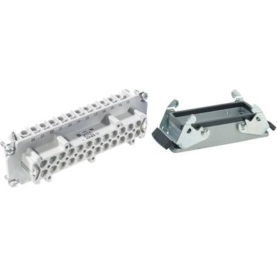Connector consisting of two parts: a grey housing with terminals and a black frame with levers for industrial applications.
