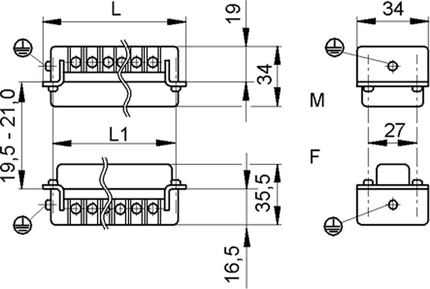 Technical drawing of a component with dimensions. Main dimensions are 19.5-21.0, 34, 16.5. Central beams and mounting points are visible.