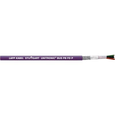 Purple cable with the inscription 'LAPP KABEL STUTTGART UNITRONIC BUS PB FD P', partially stripped, showing internal wires.