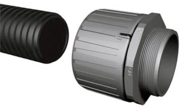 'A corrugated black plastic pipe on the left and a grey corrugated coupling socket on the right, both made of plastic, in assembly position.'