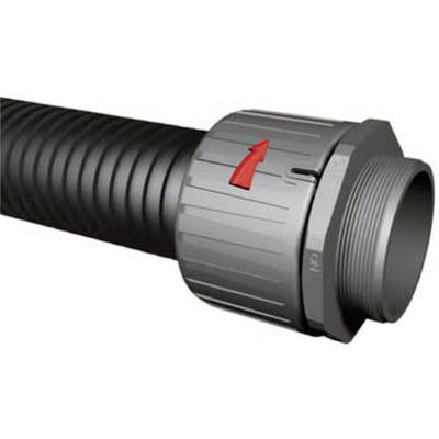 A black hose with a ribbed surface and a grey, corrugated connector with a red arrow indicating the direction of rotation.