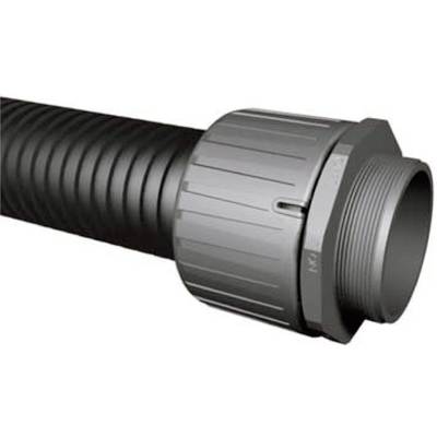 A black, ribbed pipe with silver screw fittings at both ends.