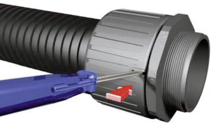Figure shows a grey flexible hose with a blue pair of pliers and a red arrow indicating the loosening of the screw connection.