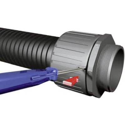 Figure shows a grey flexible hose with a blue pair of pliers and a red arrow indicating the loosening of the screw connection.