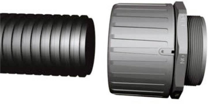 A corrugated hose is connected to a threaded fitting that ensures a tight seal.