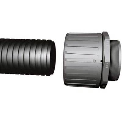 A corrugated hose is connected to a threaded fitting that ensures a tight seal.