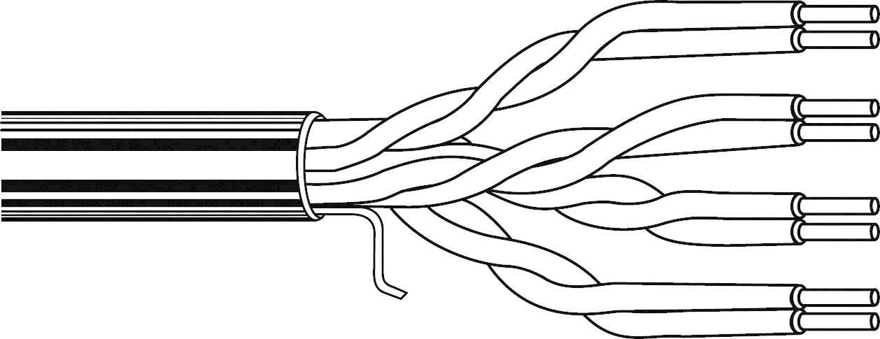 Illustration of an open cable with four twisted wire pairs protruding. Suitable for depicting network cables.