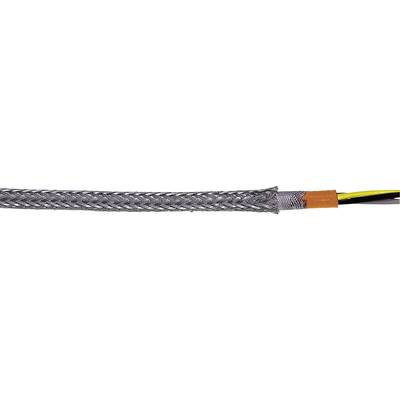 Braided cable with black and silver outer sheathing and yellow, black, and orange wires inside.