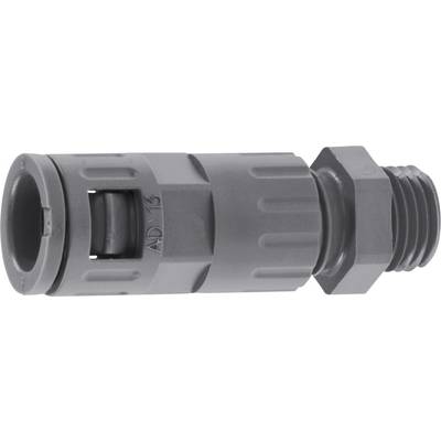 Grey plastic connector with a ribbed surface, cylindrical shape and screw thread at one end.