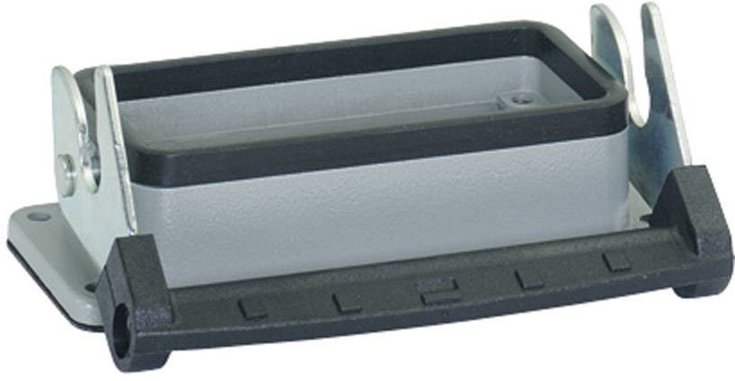 A grey rectangular industrial connector housing base with a black locking clip and metal brackets for mounting.