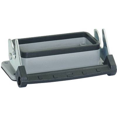 A grey rectangular industrial connector housing base with a black locking clip and metal brackets for mounting.