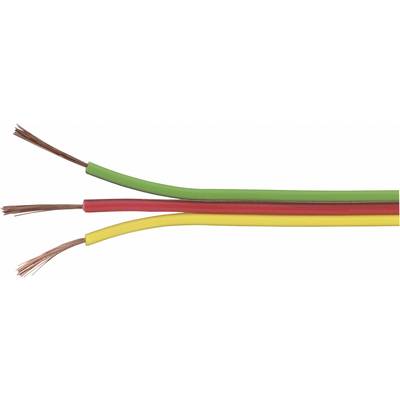 Three isolated electrical wires in green, red, and yellow, each with copper ends, lie side by side on a white background.