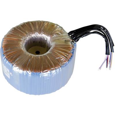 A toroidal transformer with copper windings and multiple protruding cables for electrical applications.