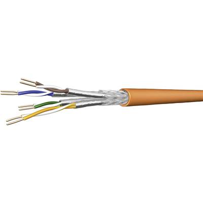 A cross-sectioned network cable reveals multiple twisted copper wires and a shield, surrounded by an orange insulation layer.