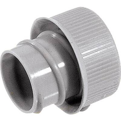 A grey plastic threaded connector used for pipe connections. It has a ridged end for better grip when screwing.