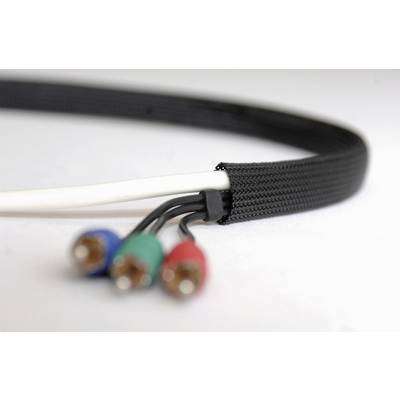 A cable bundle with a protective sheath, encasing three coloured plugs (blue, green, red), rests on a white surface.