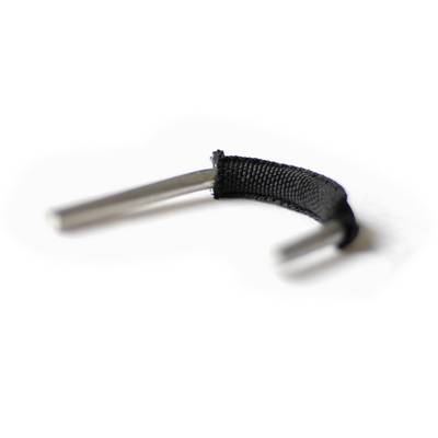 A curved metal hook with a black textile covering, potentially part of a fastening or connecting mechanism.