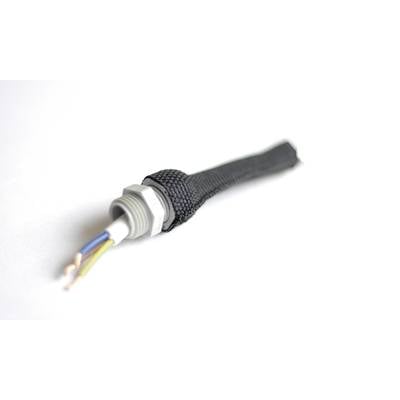 A black protective cable contains several colourful, exposed wires and terminates in a silver connecting plug.