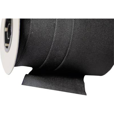 Black, structured fabric tape on large roll, cut piece showing texture. Ideal for heavy industrial applications.