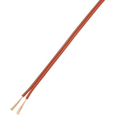 Red and black speaker cable with copper strands at the ends, suitable for connecting audio devices.