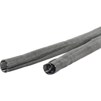 Two black, braided cable sleeves in close-up. They are used for protecting and bundling cables.