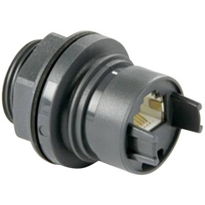 A grey, cylindrical cable plug with an Ethernet port at one end, suitable for industrial applications.
