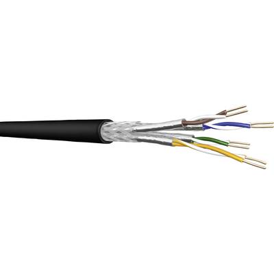 Close-up of a network cable with shielded twisted pairs in different colours: brown, blue, green and yellow-orange.