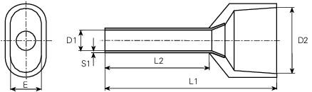 Technical drawing of a cylindrical object with dimensions L1, L2, E, Y1, and Y2. Side view with detailed measurements.