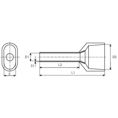 Technical drawing of a cylindrical object with dimensions L1, L2, E, Y1, and Y2. Side view with detailed measurements.