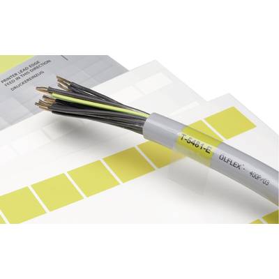 A grey cable with exposed copper wires lies on colour swatches. The cable is labelled 'T-5481-E OLFLEX'.