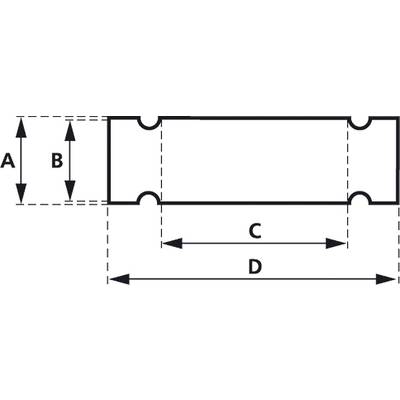 Technical drawing of a rectangular component with dimensioned measurements A, B, C, and D. Symmetrical cuts at the corners.