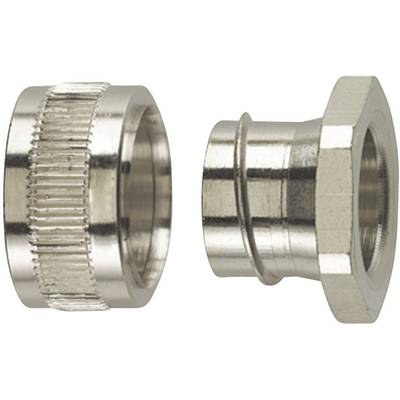 Two metallic pipe connectors, one with threading, one with a smooth surface, demonstrate different connection types.