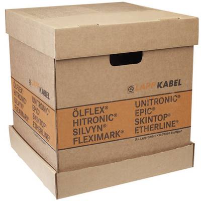 A brown cardboard box with the printed text 'ÖLFLEX', 'HITRONIC', 'SILVYN', 'FLEXIMARK', 'UNITRONIC', 'EPIC', 'SKINTOP', 'ETHERLINE' from Lapp Kabel.