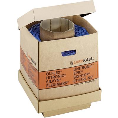Cardboard packaging with a coiled blue wire from LAPP KABEL, product lines ÖLFLEX, UNITRONIC, HITRONIC and others printed on it.