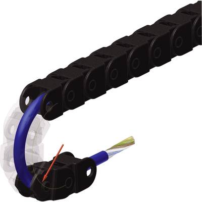 A black cable sleeve guides a blue cable with colourful wires. An arrow points to a bend in the sleeve to indicate flexibility.