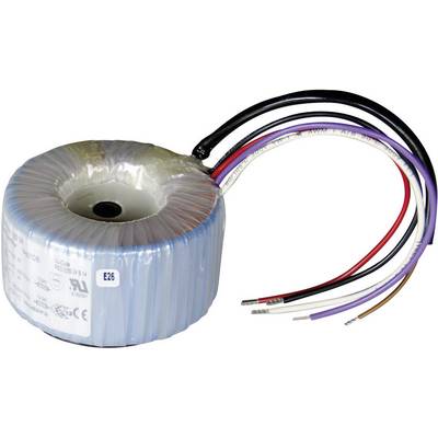 A ring core transformer with multiple coloured wires, typically used for voltage conversion in electrical appliances.